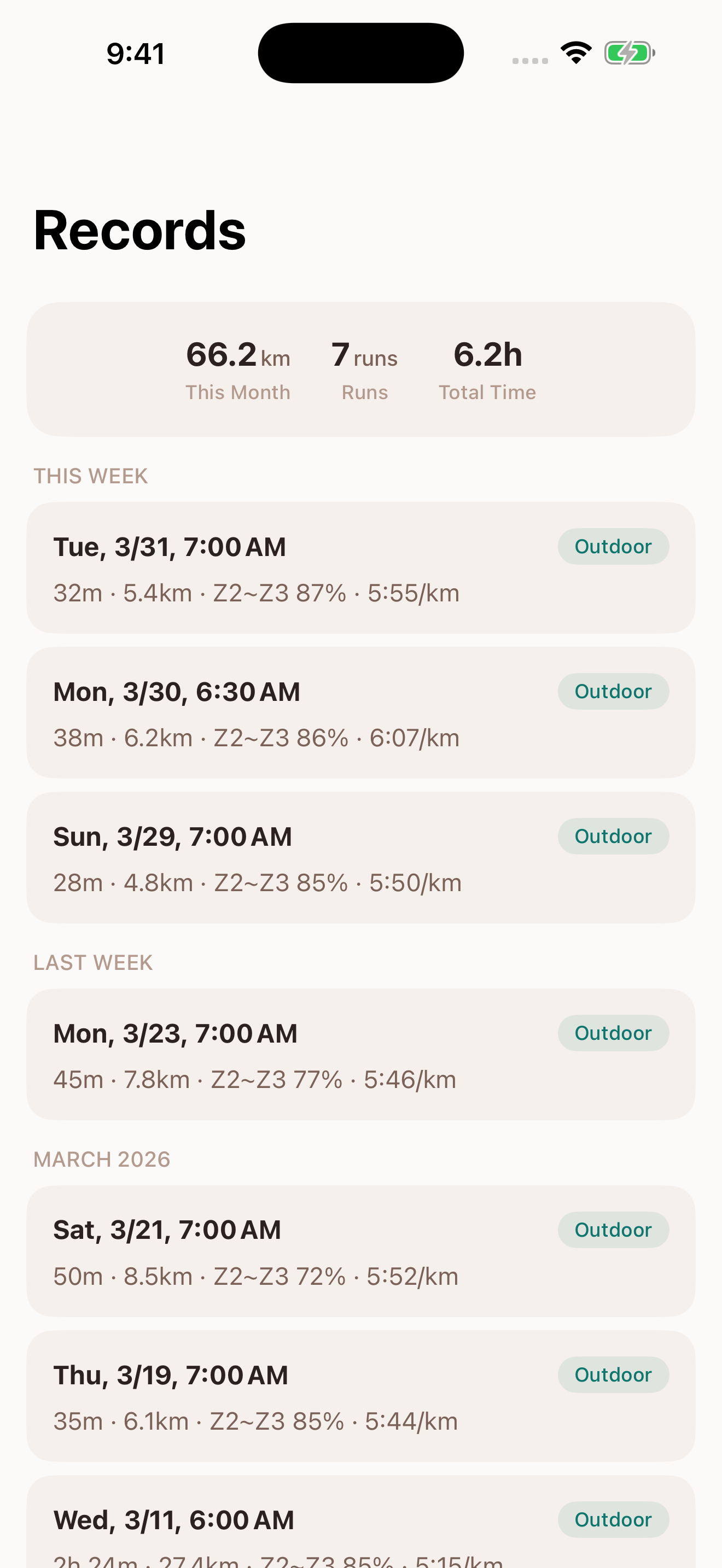 RunnersHeart iPhone 기록 목록 화면